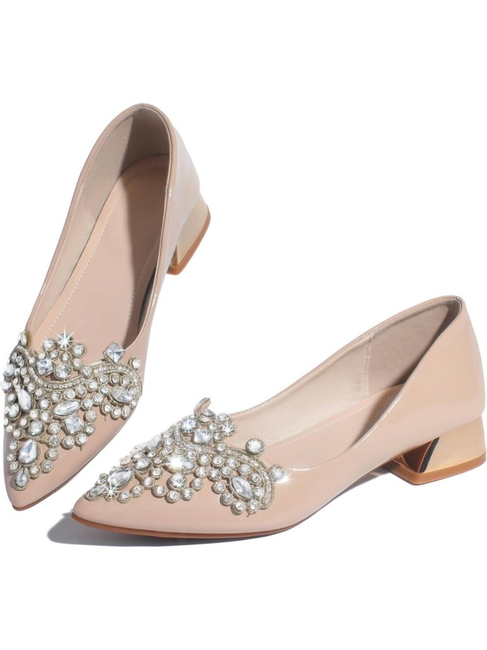 👑Womens peach Rhinestone Fashion Pointed Toe Pearl Diamond Low Heel Dress shoes